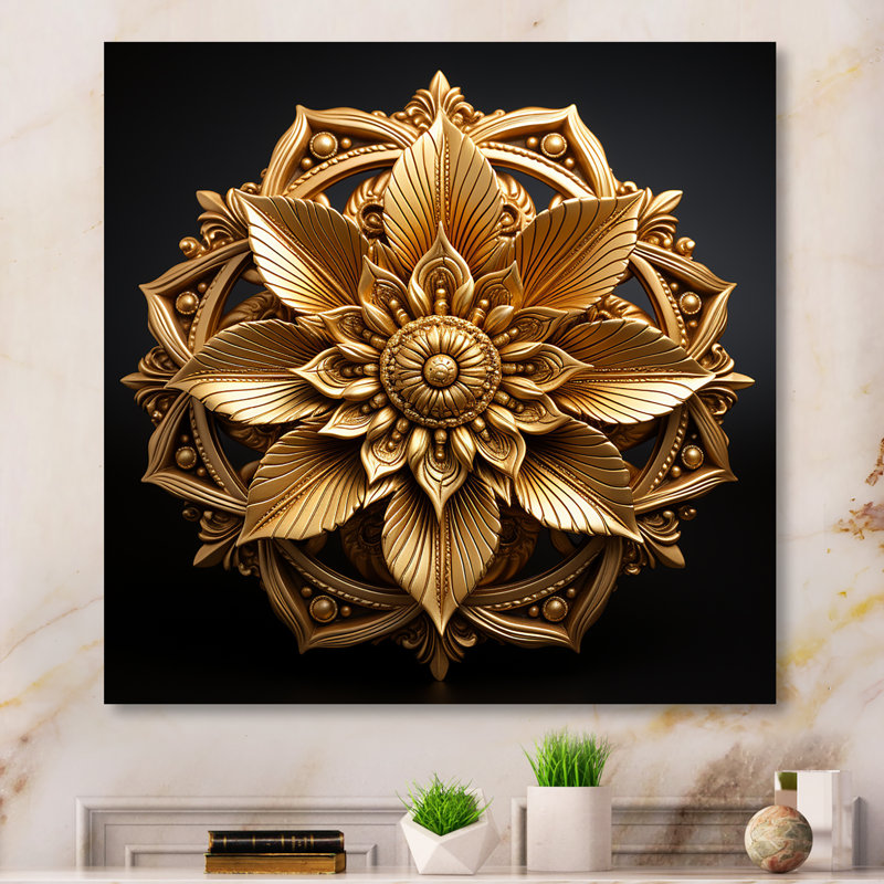 Mandala doré cercles dorés II - Boho Mandala, Cadre doré simple, H 30 po x l 30 po x P 1,5 po