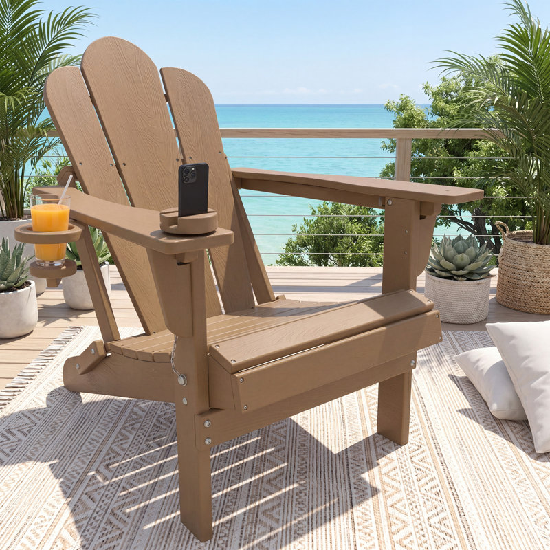 Outdoor Reclining&folding Oversize Adirondack Chair With Cell Phone Stand, Brown, 1