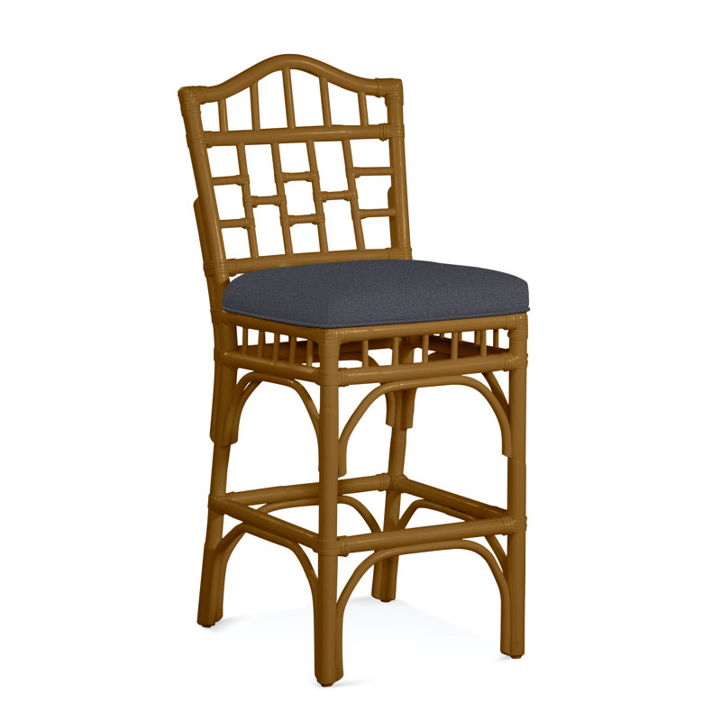 Chippendale Upholstered Stool, Havana, Blue Geometric Jacquard; 0414-63