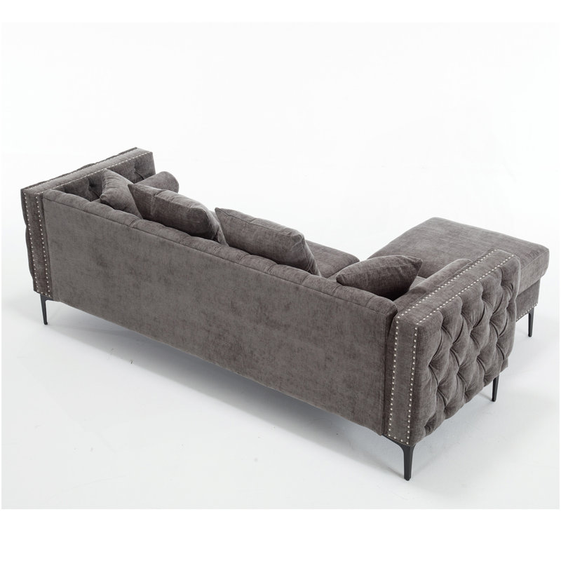 Canapé modulaire en forme de L, repose-pieds convertible avec rangement, chenille, accoudoir carré, canapé capitonné moderne, 3 places et tête de clou, gris foncé