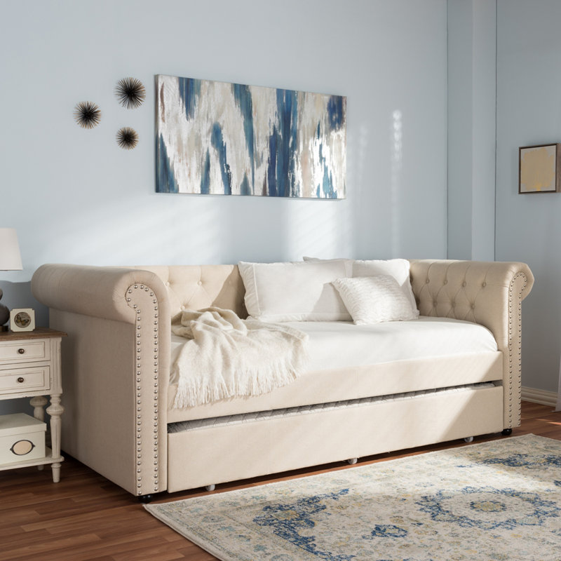 Lit de jour simple tapissier avec couchette Mynard, Beige