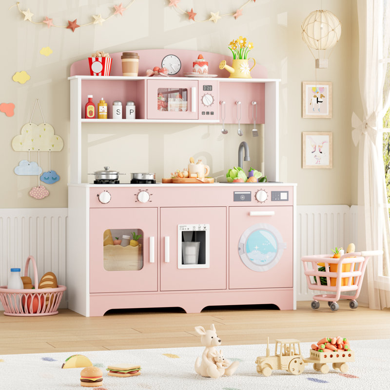 38.6"H Wooden Kitchen Play Set For Kids, Pretend Play Kitchen, Toodler Cooking Playset, Pink