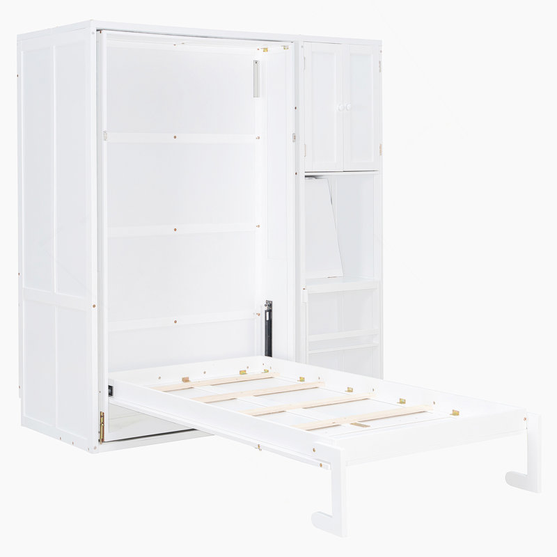 Lit escamotable mural simple avec bibliothèque, armoire supérieure, bureau extensible et rangement latéral, blanc, Blanc