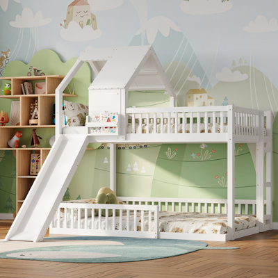 Full XL over Queen Wood Bunk Bed with Slide & Built-In Ladder for Kids, Teens, Indoor Playhouse, White
