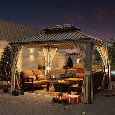Pavillon de jardin permanent en aluminium 10 pi x 12 pi avec toit double en acier galvanisé avec filet et rideau