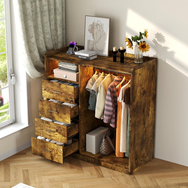 Commode de chambre à coucher avec support suspendu, commode de rangement à 4 tiroirs avec lumières DEL et station de charge USB