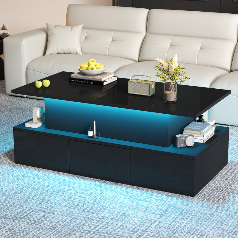 Table basse à plateau relevable moderne avec lumières DEL, rangement caché et 4 tiroirs Aroa