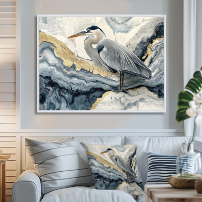 Harbert en marbre héron dans l'encre de Chine dorée paysage II - héron, art mural
