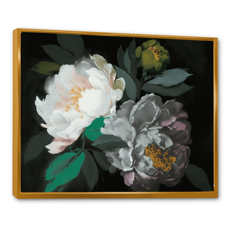 «White Blossoming Peony on Black I», reproduction sur toile, Cadre flottant doré, 12" H x 20" W