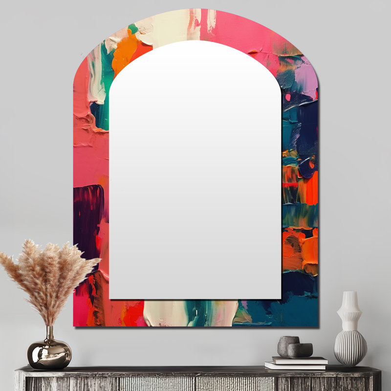 «Pink and Blue Fragments Of Reality» - miroir mural décoratif asymétrique abstrait, miroir arqué moderne, impression d'art en métal