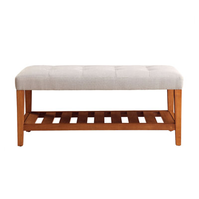 Banc rembourré en tissu avec rangement ouvert, gris clair et chêne