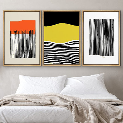 Abstrait abstrait aux couleurs vives, art au trait noir / jaune, art boho encadré 3 pièces