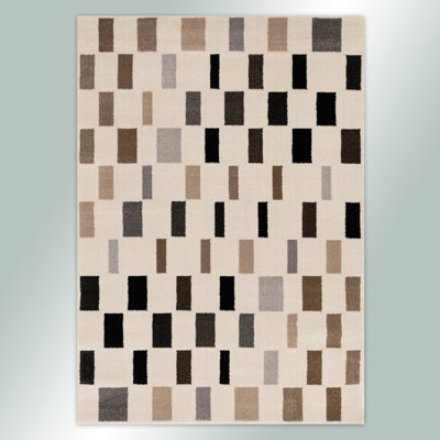 Geometric Cream Gray Brown Block Patterned Area Rug