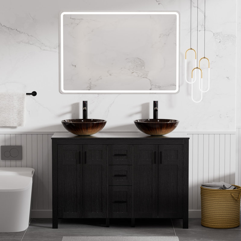 Meuble-lavabo double 48 po avec lavabos vasques, robinets, Blanc