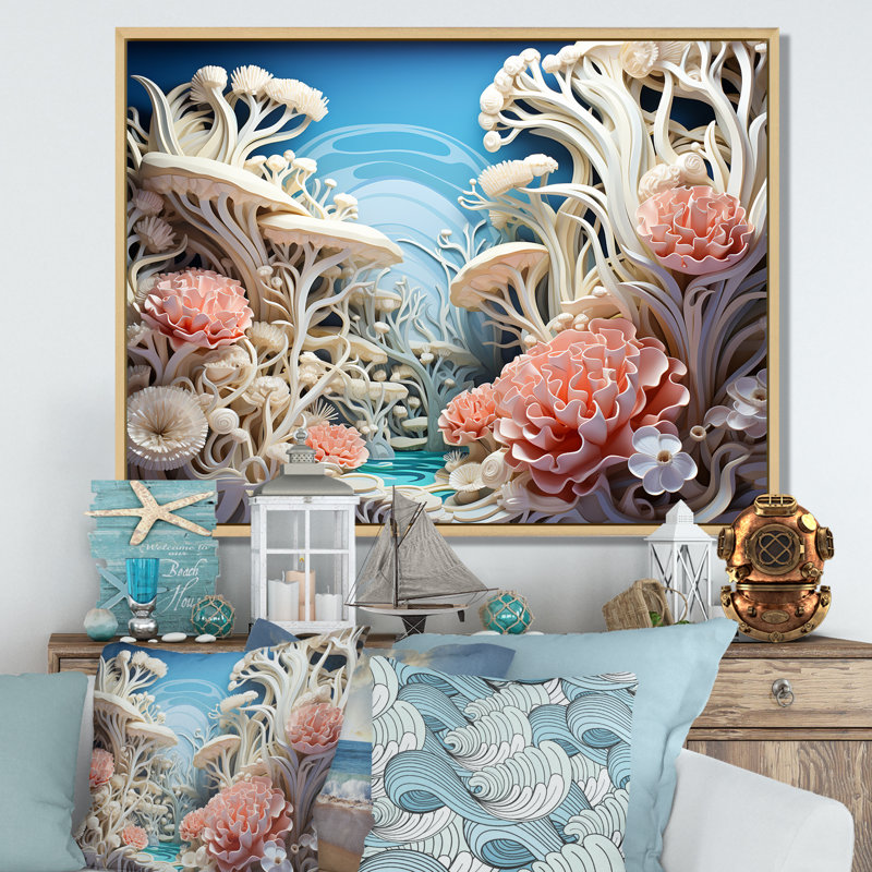 «Coral Sea Anemon Collage», art mural sur toile plage et océan, Cadre naturel flottant, H 30 po x l 40 po x P 1,5 po