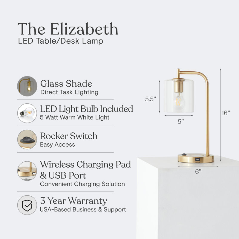 Elizabeth 16 in. Mid-Century Modern Desk Lamp with USB Port and Wireless Charging Pad - Bundle Set of 2