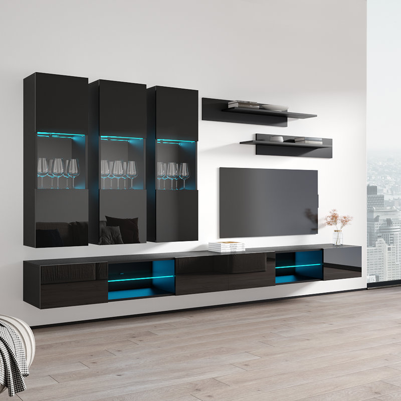 126" Modern Floating Wall Mounted Entertainment Center with 16-Color LED Lighting, High Gloss Finish, Black
