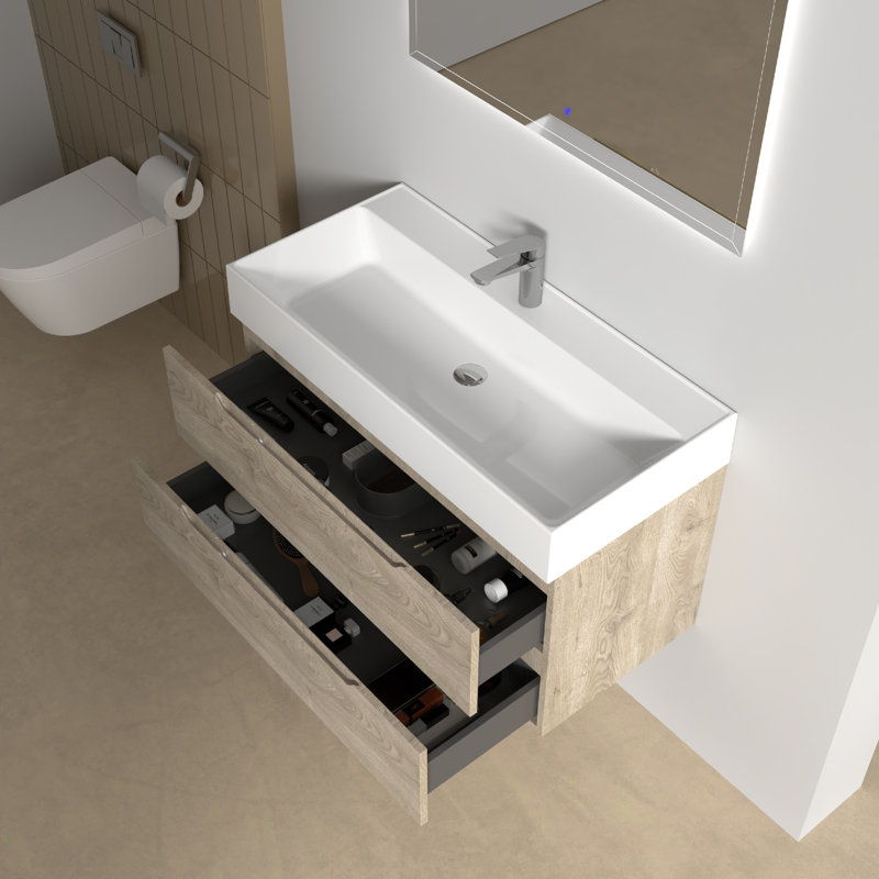 Meuble-lavabo mural simple 40 po avec plateau en pierre blanche et 2 tiroirs pour salle de bain 40 po, Blanc brillant, 40"