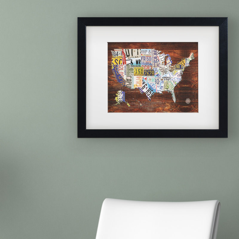 « USA License plaque Map »-impression d’art graphique, H 11 po x l 14 po x P 2 po, Encadrement blanc, Blanc