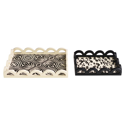 2-Piece Scalloped Rectangle Serving Tray Set, Leopard & Zebra Print Decorative Kitchen Dining Trays for Food, Drinks, Charcuterie, Party Hosting, Vanity & Desk Storage