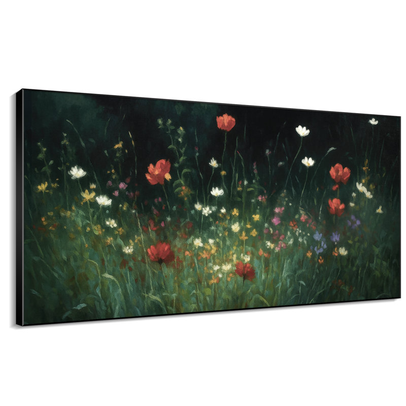Très grand art mural imprimé sur toile - Prairie sauvage au crépuscule avec des fleurs éclatantes, décoration pour le salon ou la chambre à coucher - «Assemblage requis du cadre (cadre non fini)»