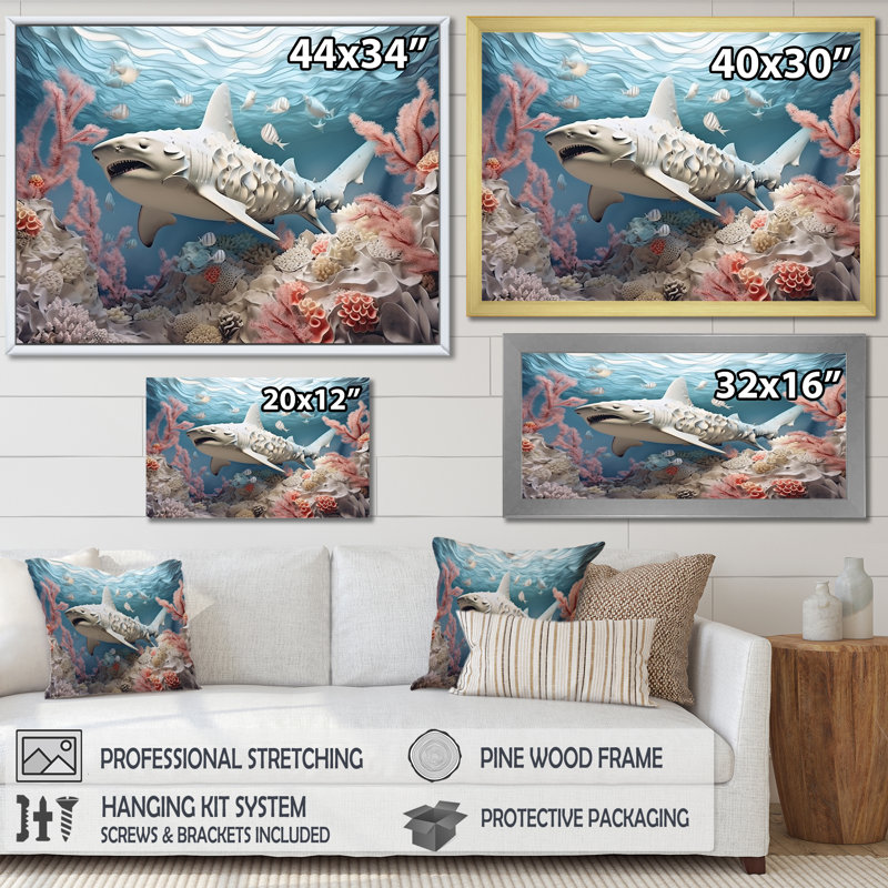 " Coral And Sharks Collage Symetry ", White Floater Framed, 30" H x 40" W x 1.5" D