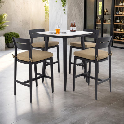 Modern 5PC Outdoor Patio Bar Set, Rounded Square 35.4'' Sintered Stone Table & 4 Aluminum Bar Stools, Ember Black, Greek White Marble-Inspired Top, Tapered Legs, Sunbrella Cushion, Weather-Resistant