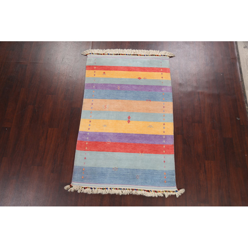 Tapis unique en laine noué à la main 4 pi x 6 pi nouvel âge en jaune / bleu