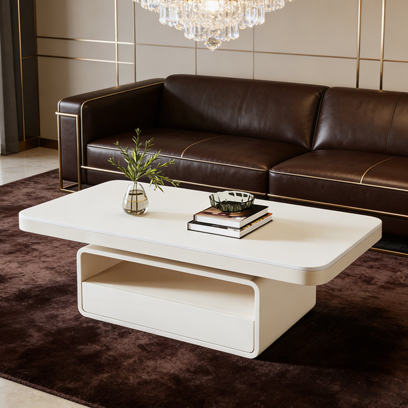 Table basse de luxe à plateau de rangement en ardoise, Blanc, Blanc, H 16,53 po x l 55,11 po x P 27,55 po