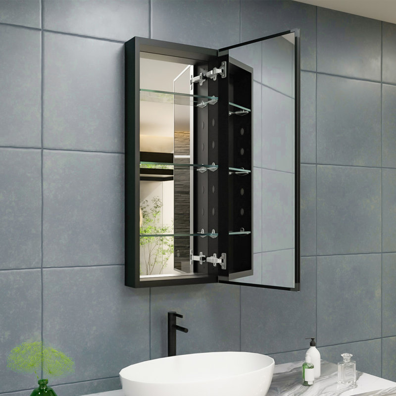 Armoire à pharmacie Hennagan avec miroir et 4 tablettes réglables, Noir, noir, noir, noir, H 36 po x l 15 po x P 4,62 po