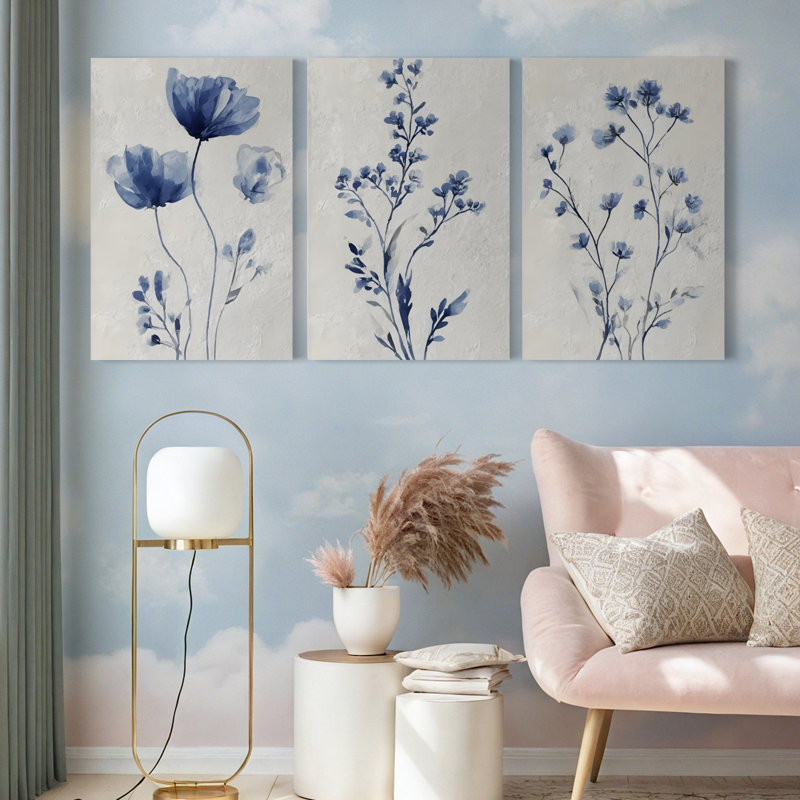 «Blue Floral Botanical», reproduction d'art sur toile tendue sur toile (ensemble de 3), H 18 po x l 36 po