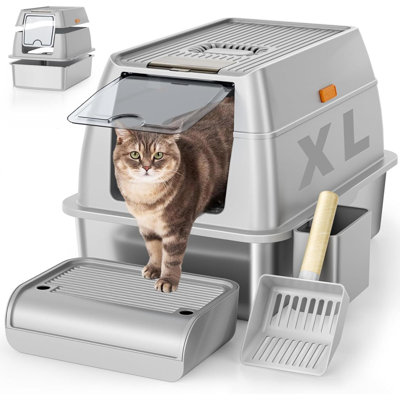 Stainless Steel Cat Litter Box With Lid XL  Litter Box For Big Cats Enclosed Removable Metal Litter Boxs With Sided Enclosure & Scoop Anti-Leakage Non Sticky Easy Cleaning