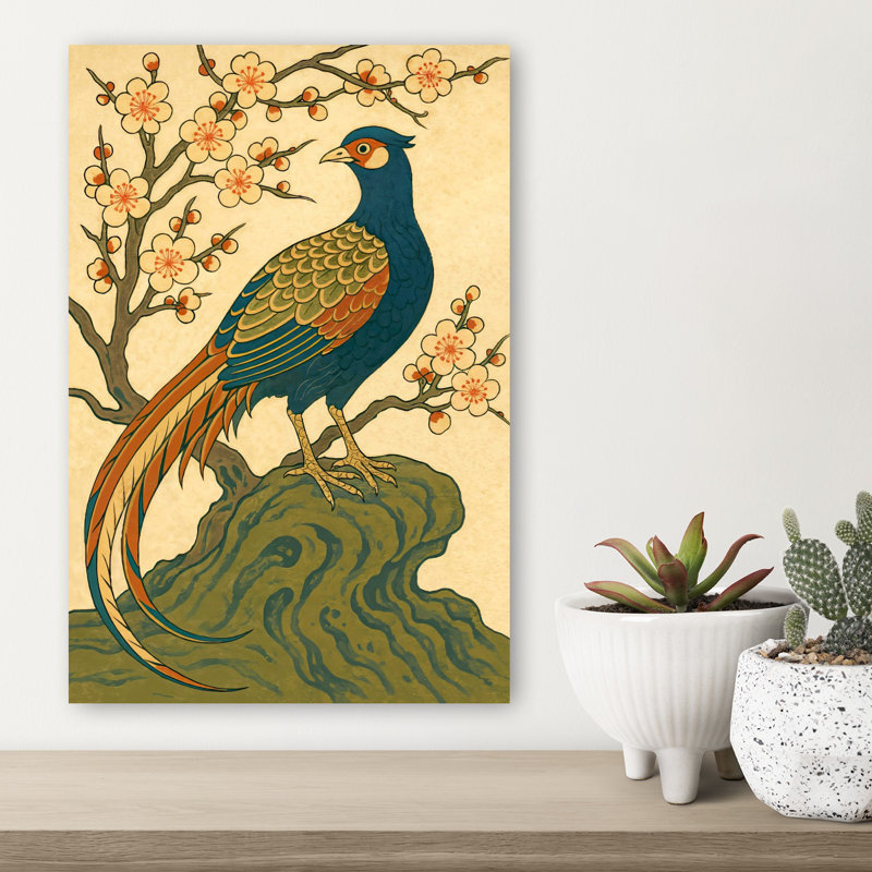 Art mural bleu, faisan bleu et fleurs, H 18 po x l 12 po