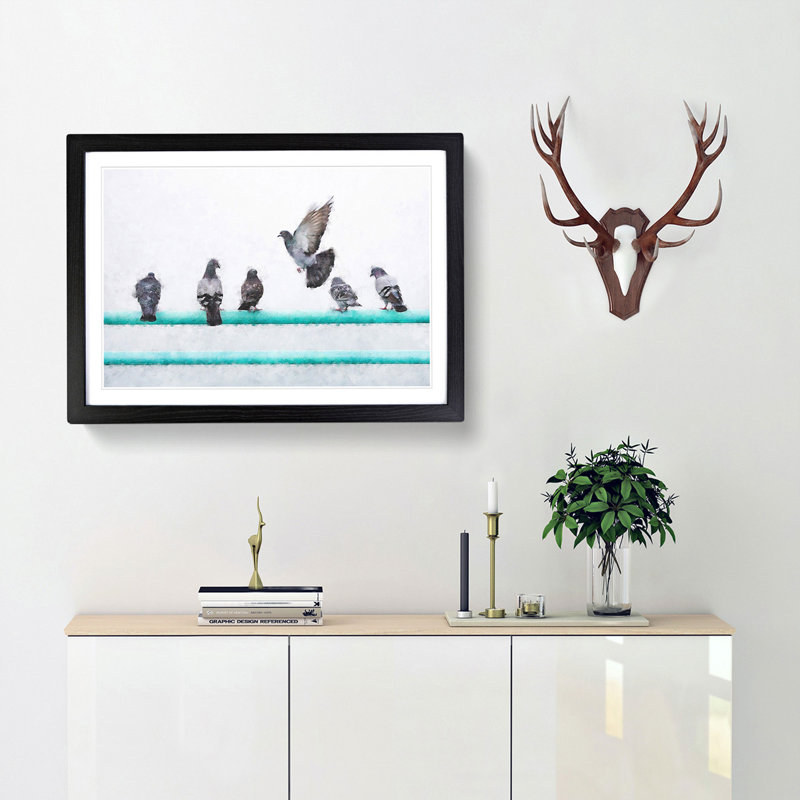 Pigeons - Single Picture Frame Print on MDF, Black, 33cm H x 45cm W x 2cm D