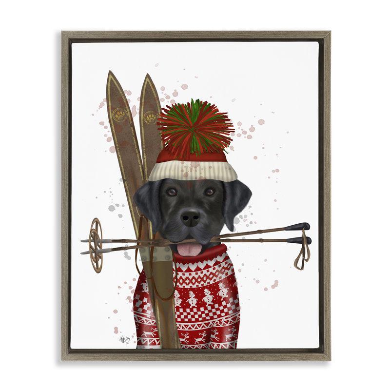 «Black Labrador Skiing» par Fab Funky, Cadre flottant orme Montalcino, H 31 po x l 25 po