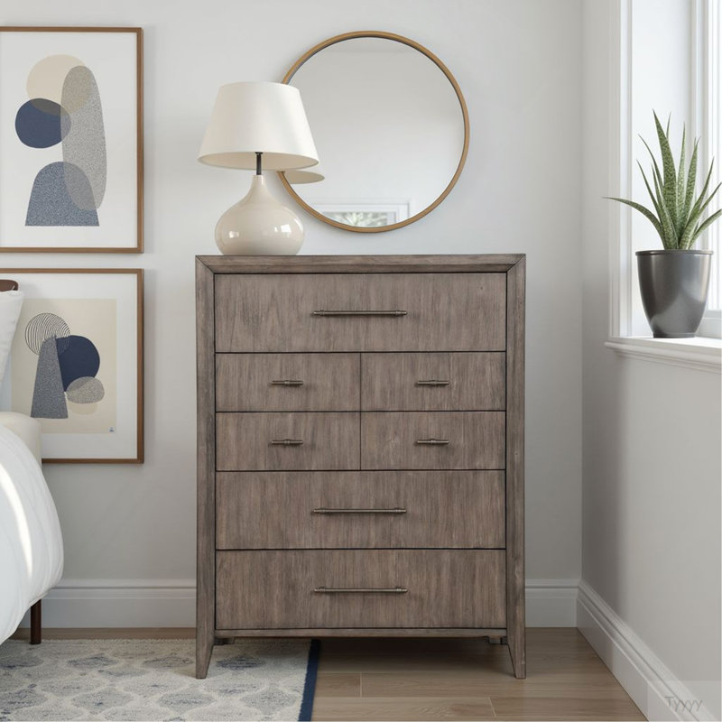 Commode 5 tiroirs Avana, aucun assemblage requis, finition grège fumée