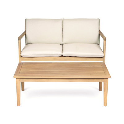 Causeuse d'extérieur en bois d'acacia avec table basse, structure en teck clair, coussin beige