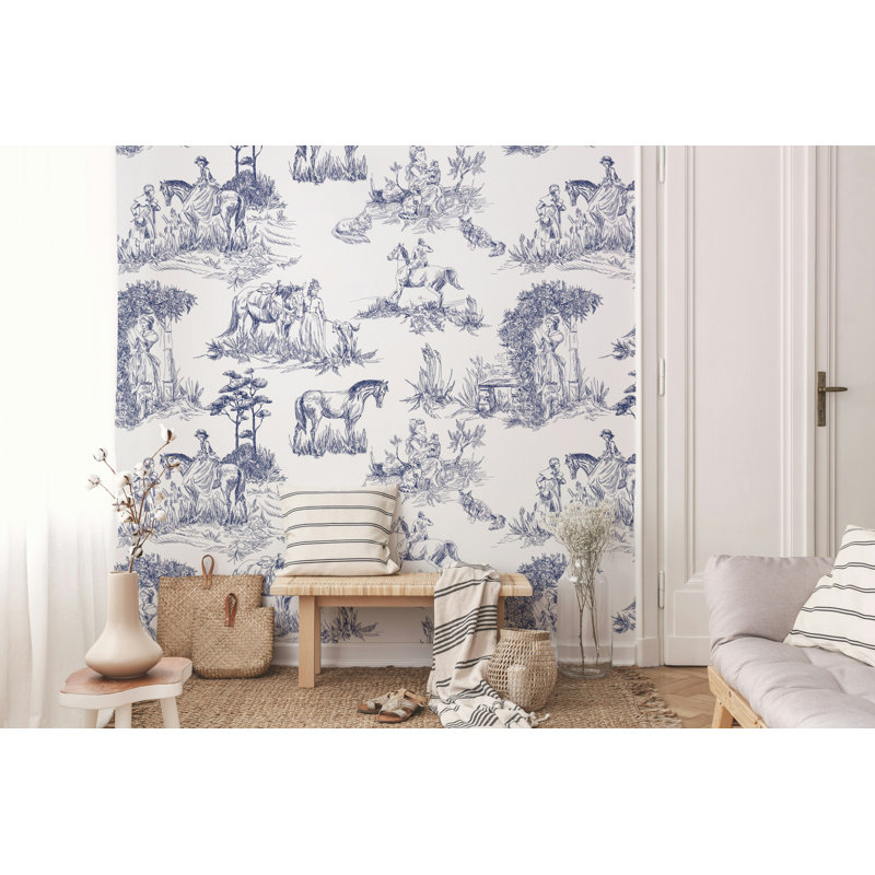 Papier peint scène équestre bleu sur fond blanc, L 115 po x l 225 po