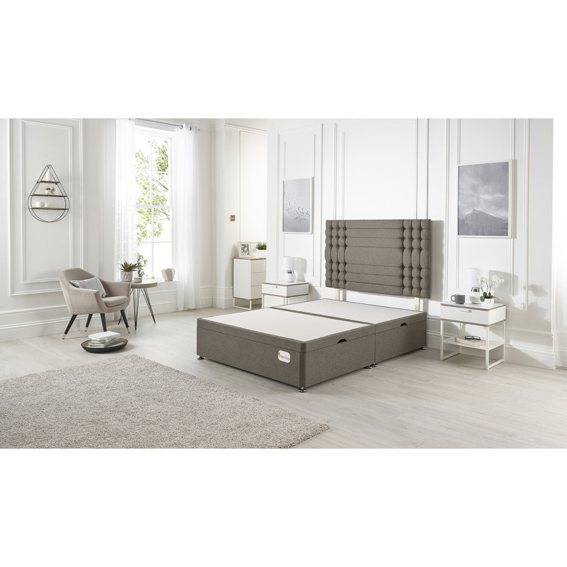 Luxara Solid Wood Ottoman Bed Side Opening with Upholstered Headboard Tweed Fabric, Coffee, Kingsize (5')