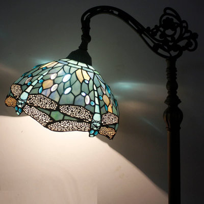Adhley Tiffany Floor Lamp Sea Blue Stained Glass Dragonfly Arched Lamp 12X18X64 inch Gooseneck Adjustable