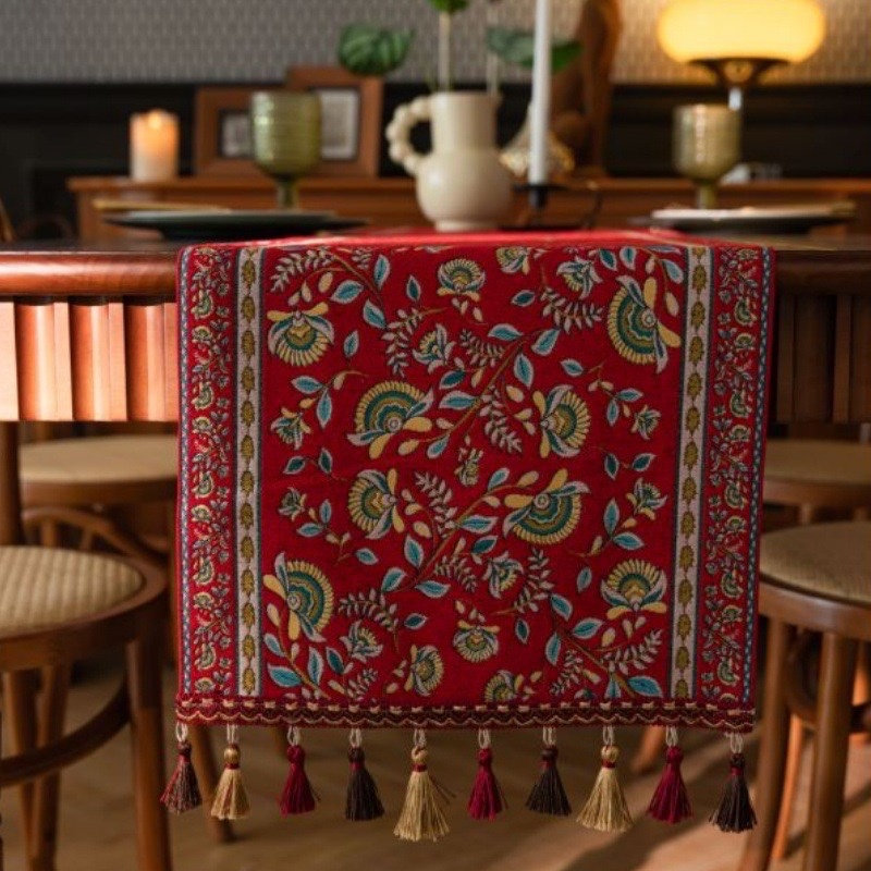 Rich Red Floral Table Runner - 35 x 220cm, 35 x 220cm