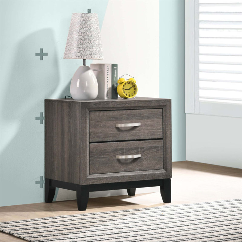 Table de chevet Stephan à 2 tiroirs avec grand espace de rangement et finition chêne gris moderne, idéale pour les chambres bien organisées.