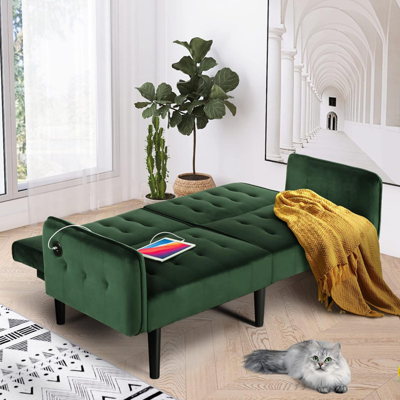 62.99" Upholstered Convertible Sofa with USB Charging Port, Green Velvet