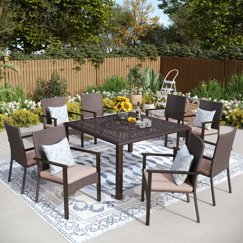 Asfand 8 - Person Patio Dining Set with Square Table , Cushions Included, Beige