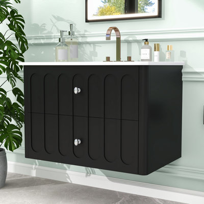 30-Inch Floating Bathroom Vanity with Ceramic Sink, Soft-Close Drawers, U-Shaped Storage and Oval Knobs