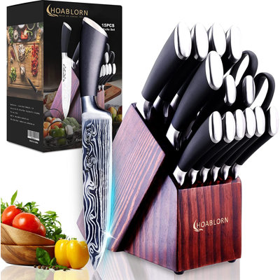 Japanese‑Inspired 15‑Piece Knife Block Set with Built‑in Sharpener, 6 Steak Knives, Professional Self‑Sharpening Damascus‑Style German Stainless Steel, Ideal for Housewarming and Wedding Gifts