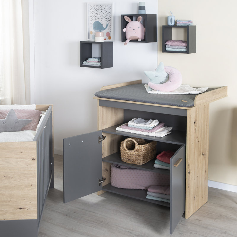 Anna Unit with Removable Top - Open Compartment and 2 Doors - Baby Chest That Grows with Your Child - Handles Made of Wood - Anthracite / Kent Oak Decor Changing Table