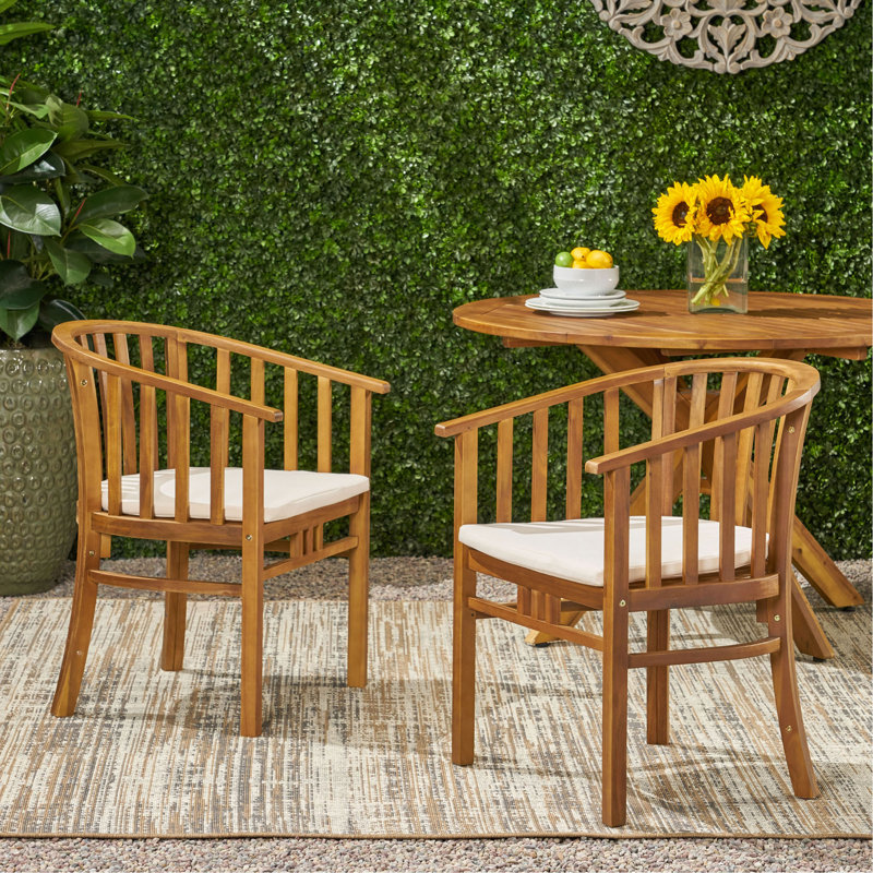 Chaises de salle à manger d'extérieur en bois avec coussins, ensemble de 2, crème, finition teck