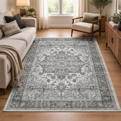 2 x 6 ft Vintage Medallion Washable Runner Rug, Soft Pearl Velvet Low-Pile Floor Runner with Reinforced Edges & TPR Backing for Indoor Hallway & Entryway