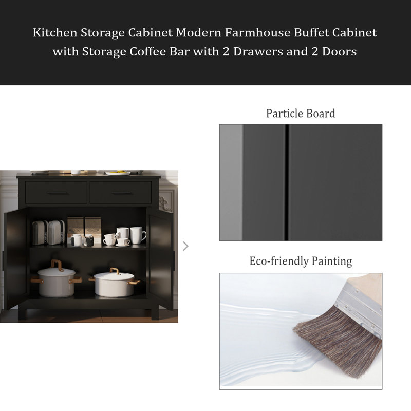 Black Modern Farmhouse Buffet Cabinet with Storage and Drawers